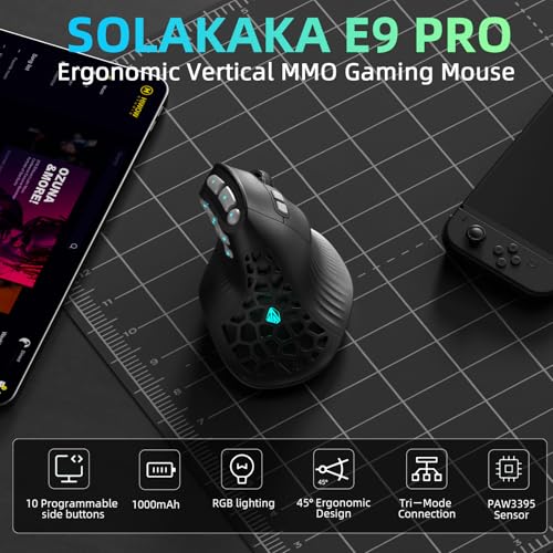 SOLAKAKA E9 PRO Vertical MMO Gaming Mouse with 8K Dongle- 36000 DPI PAW3395 Sensor,8,000Hz Polling Rate,Tri-Mode Ergonomic Wireless Mouse with 10 Side Buttons,RGB Mouse for PC/Mac - Black - color: Black-Gray