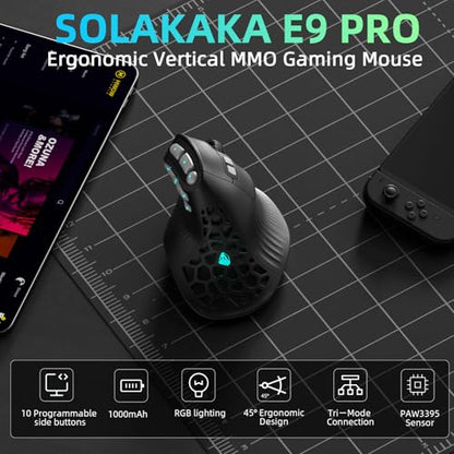 SOLAKAKA E9 PRO Vertical MMO Gaming Mouse with 8K Dongle- 36000 DPI PAW3395 Sensor,8,000Hz Polling Rate,Tri-Mode Ergonomic Wireless Mouse with 10 Side Buttons,RGB Mouse for PC/Mac - Black - color: Black-Gray