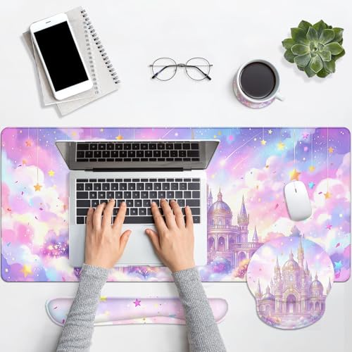 Arttown Keyboard Mouse Pad Set, 4 in 1 Desk Mat Set Pink Castle | Star Ribbons Large Mousepad+Keyboard Wrist Rest+Mouse Wrist Rest+Coaster Ergonomic Design for Home Office Computer - color: Pink Castle