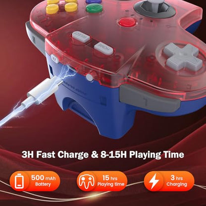 KIWITATA N64 Wireless Controller for Switch Games, 2.4GHZ Rechargeable N64 Remote Joystick Wireless Gamepad Controller Compatible with N64 System, Raspberry Pi, MAC,PC Windows 7,8,10,11 Clear Red - color: Clear red