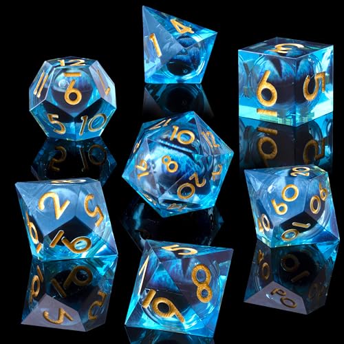 Beholder's Dragon Eye DND Dice Set, 7pcs Liquid Core Dice with Gift Box, Handmade Sharp Edge Resin Dice for Role Playing Dungeons and Dragons Ttrpg(Blue Dragon Eye) - color: Blue Dragon Eye