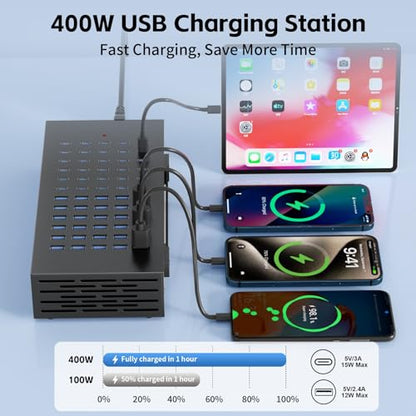 400W USB Charging Station, 60 Port USB C Charging Station for Multiple Device, Multi USB Desktop Charger Station with Smart IC Protection, Suitable for Home, Office, Hotels, Schools