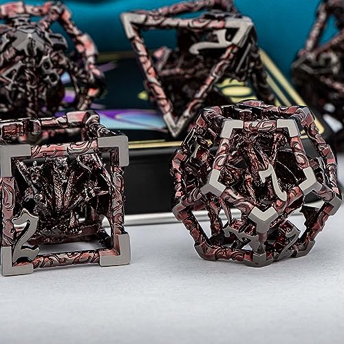 ARUOHHA Hollow DND Dice Set Black Red 5-Headed Dragons D and D Dice with Gift Box, RPG Role Playing Games 7PCS Metal Dungeons Polyhedral Dice D20 D12 D10 D8 D6 D4 - color: Black Red-02