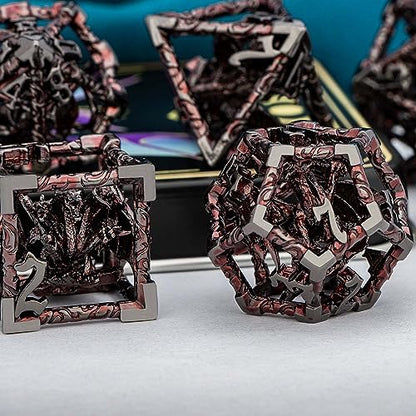 ARUOHHA Hollow DND Dice Set Black Red 5-Headed Dragons D and D Dice with Gift Box, RPG Role Playing Games 7PCS Metal Dungeons Polyhedral Dice D20 D12 D10 D8 D6 D4 - color: Black Red-02