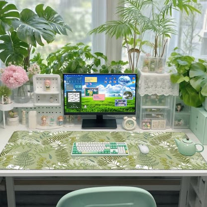 Baziabbo Green Desk Mat,XXL Extended Large Mouse Pad,Gaming Mousepad with Stitched Edge,Non-Slip Rubber Base Keyboard Desk Pad for Home Office Study Game (Ferns) - color: Ferns