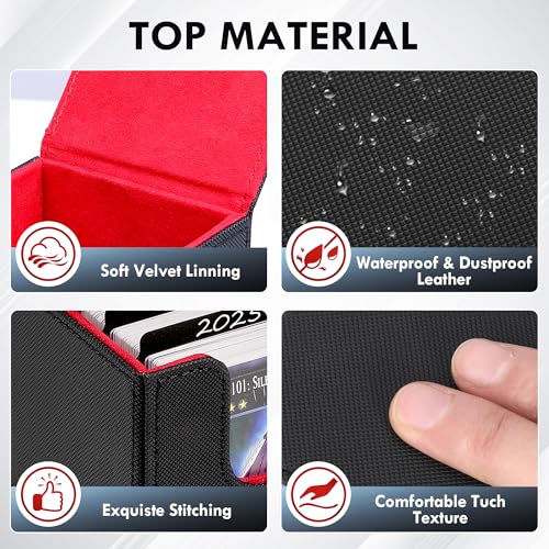 180+ Card Deck Box with 3 Dividers and Game Dice | red, dustproof, waterproof leather holds 180+ sleeved cards 110+ single-sleeved cards, 80+ double-sleeved - color: Red