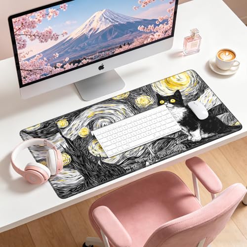 Large Gaming Mouse Pad, XL Desk Protector, Non-Slip Base | 31.5x15.7 in Extended Desk Mat with Stitched Edges for Keyboard, Work, Game, Office, Home PC and Laptop - color: Starry Kitty