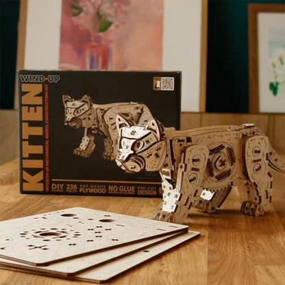 3D Wooden Puzzle for Adults, Mechanical Cat Wooden Model Kits to Build, 236PCS DIY Assembly Pet Jigsaw Puzzle Animal Brain Teaser, Building Toy Gift, KIT Version - color: Wood
