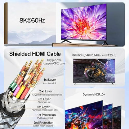 HDMI Cable 3.3 FT 5-Pack, High Speed 8K HDMI eARC / ARC CL3 Rated Cord 48Gbps with 8K@60Hz, 4K@144Hz/120Hz, HDR10+, HDCP 2.2/2.3 for Splitter, Soundbar, Roku, 8K/4K Monitor, OLED TV, Laptop,PS5/4 - size: 3FT