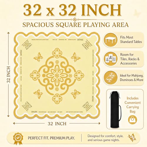Neoprene Mahjong Mat for Table, 32 x 32 Inch Square Mahjong Table Mat with Carrying Bag, Non Slip Rubber Backing, Noise Reducing Game Mat for American Mahjong, Dominoes, Cards, Board Games (Yellow) - color: Yellow