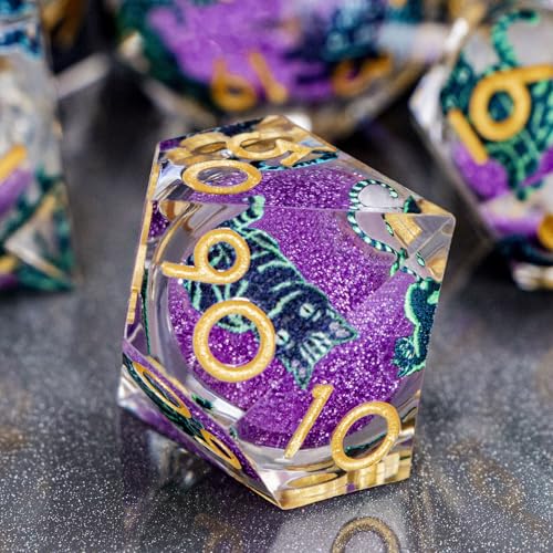 DND Cat Dice 7PCS Polyhedral Sharp Edge Dice Set with Gift Case for Dungeons Dragons Role Playing Game, RPG Resin D and D Dice D6 D8 D10 D12 D20 D% (Gold Purple) - color: Cat2-gold Purple