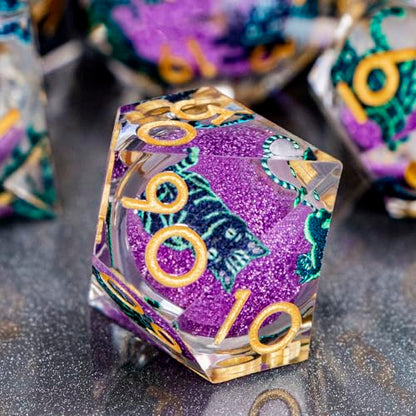 DND Cat Dice 7PCS Polyhedral Sharp Edge Dice Set with Gift Case for Dungeons Dragons Role Playing Game, RPG Resin D and D Dice D6 D8 D10 D12 D20 D% (Gold Purple) - color: Cat2-gold Purple