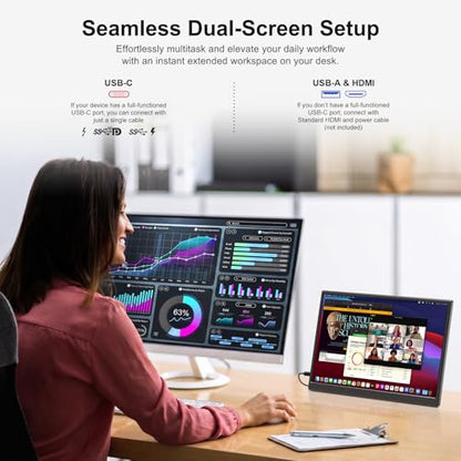 Anyuse 14" FHD 1920×1200 Portable Monitor – USB-C HDMI Ultra-Slim IPS Travel Display with Speakers, HDR Plug & Play, 400cd/m² Brightness, External Second Screen for Laptop PC Mac Phone - size: 14''