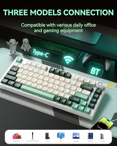 LEOBOG x Aula HI75C Pro PC Gaming Aluminum Alloy Keyboard,Bluetooth/USB-C/Wireless Tri-Modes Mechanical Keyboards,Hot Swappable Green Creamy Keyboard with Ice Vein Switch for Windows/Mac/Tablet Gamer - color: Green