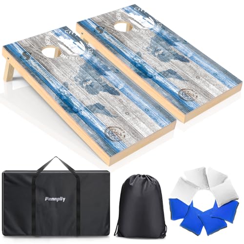 4 x 2/3 x 2FT Cornhole Set Solid Wood for Adults with 8 Bean Bags 1 Case | 4 x 2/3 x 2FT soild wood cornhole boards; foldable legs; 1 carry bag; 8 bean bags; for backyard, tailgate, beach, party - color: 4'x2' White+Blue