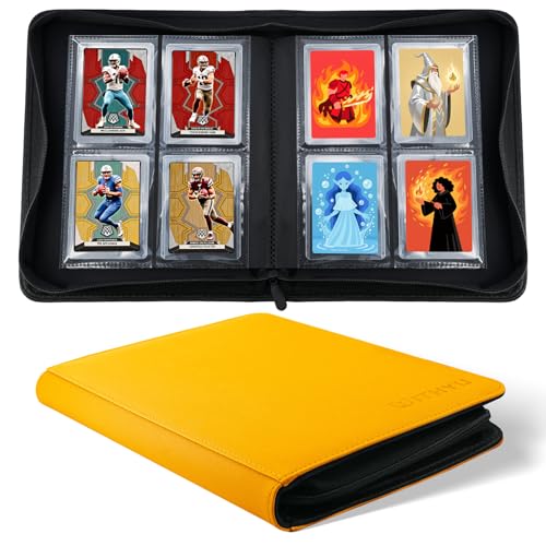 Toploader Binder 4 Pocket, WITHYU Ringless Card Holder PU Leather Card Binder Top Loader with 128 Pockets, Trading Card Album for Sports TCG MTG Collection (Yellow) - color: Yellow, size: 4 Pocket
