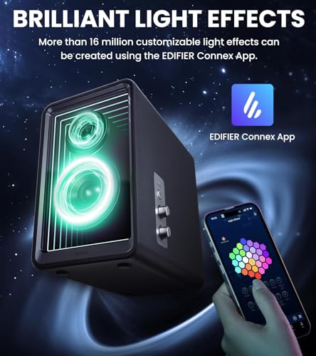 Edifier QR65 Desktop Active Monitor with 2.75" Long-Throw Aluminum Diaphragm mid-Low Drivers, Hi-Res Audio, Brilliant Light Effects, 70W Output Power Bluetooth Speakers with Stands - Black - color: Black