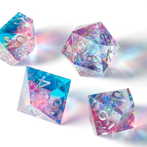 Haxtec Sparkling Sharp Edge Dice Set - Handmade Resin DND Dice with Iridescent Mylar Inclusion, Light Purple and Blue Color Mix-Enchanted Stardust - color: Light Blue Pink