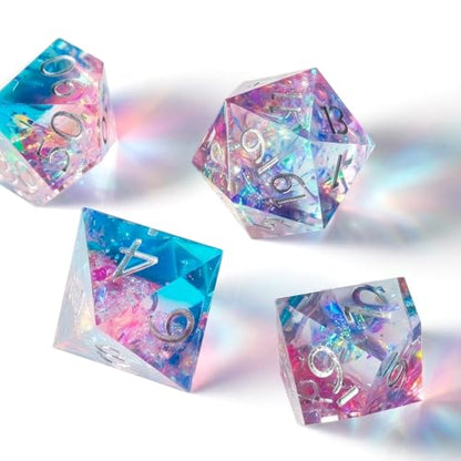 Haxtec Sparkling Sharp Edge Dice Set - Handmade Resin DND Dice with Iridescent Mylar Inclusion, Light Purple and Blue Color Mix-Enchanted Stardust - color: Light Blue Pink