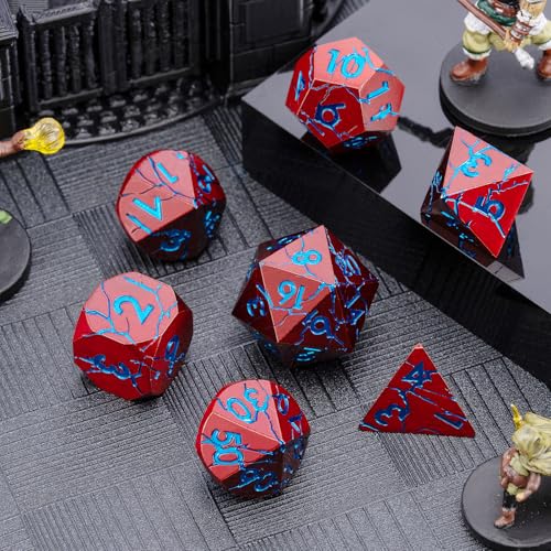 Sharp Edge Metal DND Dice Set with Cracks, Polyhedral Dice Set for RPG D&D Dice with Cracks Dungeons and Dragons Dice Set - color: Red and Blue