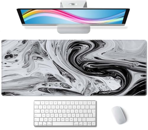 Desk Mat Marble Large Mouse Pad XL Cute Black Grey Desk Pad Keyboard Mat, Desk Accessories for Women Office Decor, Extended Mousepad 31.5''X11.8'' Non-Slip Rubber Base with Stitched Edges - color: Black White Marble
