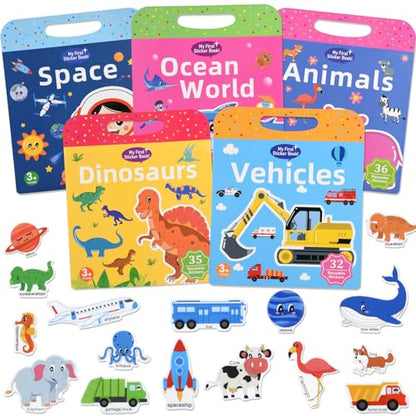 ASTARON 5 Pack Reusable 3D Puffy Sticker Books for Kids 3-6, Jelly Sticker Game Educational Sensory Learning Toy, Travel Toys and Busy Book(Vehicle Dino Animal Ocean Space) - style: Vehicle Dino Animal Ocean Space