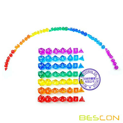 Bescon 49pcs Rainbow Gem Mini Polyhedral Dice Set in Long Tube, Rainbow Transparent Mini RPG Dice 7X7pcs, Mini Gem Dice Set - color: 7x7 49pcs Gem Rainbow Tube