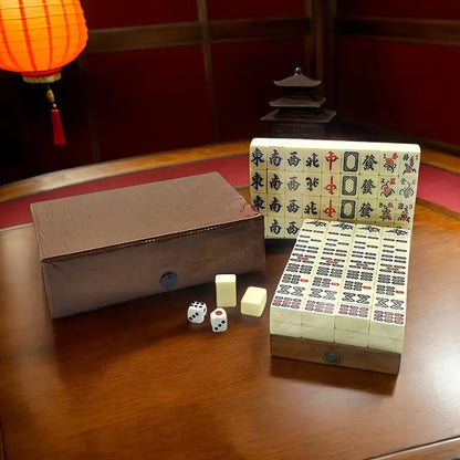 Portable Mini Chinese Mahjong Set with 146 Melamine Tiles Compact Brown Carrying Case for Camping, Family Game Night Camping, Beach & Halloween Christmas Easter Party