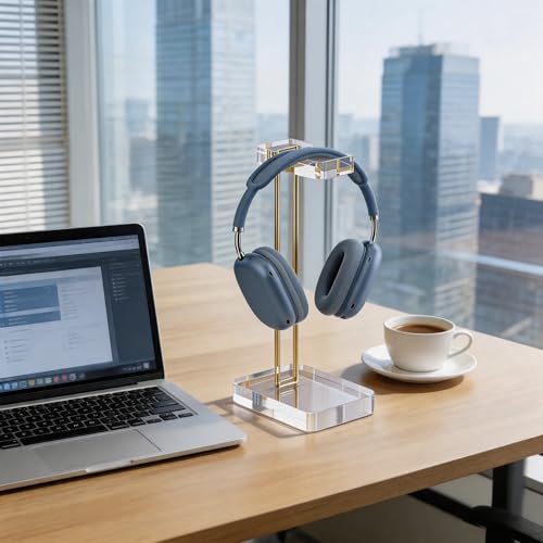 Acrylic Headphone Stand for Desk, Crystal Clear Headset Holder with Gold Metal Accent, Stable Non-Slip Base, Universal Gaming Headphone Hanger for PC Setup, Office & Home Desk Accessories - color: Gold