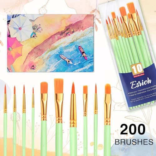 ESRICH Paint Brushes Set,20 Packs 200 Pcs Acrylic Paint Brush Set,Acrylic Oil Watercolor, Face Nail Art, Miniature Detailing,Rock Painting,Painting Artist Professional Kits(Green) - color: Green, size: 200