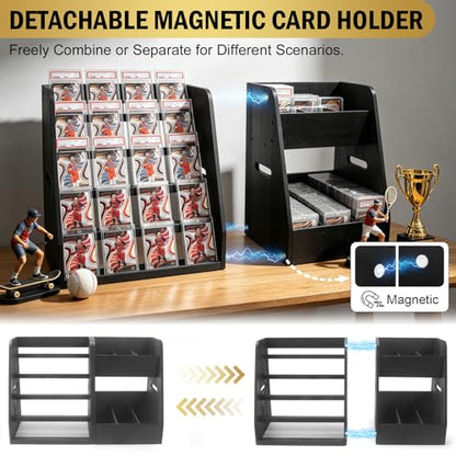 Magnetic 2-in-1 Trading Card Display Stand - Wood Detachable 5-Tier Graded Card Holder & Modular Storage Rack with Supporters, Professional Baseball Card Case for PSA BGS SGC Slabs, Toploaders, Large - size: Large