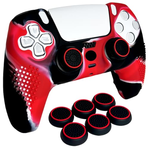 Anti-Slip Red&Black Controller Skin,Studded Edition Protective Silicone Cover Skin Grips Compatible with PS5/Slim/Pro Controller and 6 PCS Thumb Grips Caps. - color: Red & Black