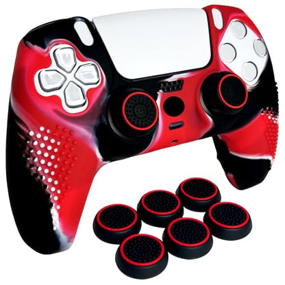 Anti-Slip Red&Black Controller Skin,Studded Edition Protective Silicone Cover Skin Grips Compatible with PS5/Slim/Pro Controller and 6 PCS Thumb Grips Caps. - color: Red & Black