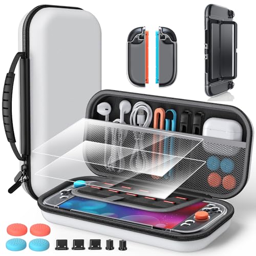 Switch 2 Accessories Bundle for Nintendo Switch 2 2025, Portable Hard Shell Carrying Case with 2 HD Screen Protectors (7.9 Inch), Crystals Protective Skin, Dust Plugs Kit, 4 Thumb Grips – (White Switch 2) - color: White