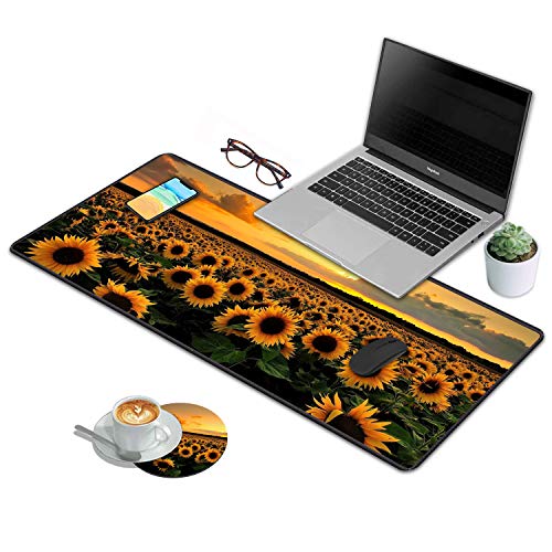 Desk Pad Mat Gaming Mouse Pads with Coasters Set, Stitched Edges Design Mouse Pad XXL Large Mouse Pad for Laptop Computers Sunflower Field Desk Writing Mat for Office & Home 31.5x 11.8 - color: Sunflower Field