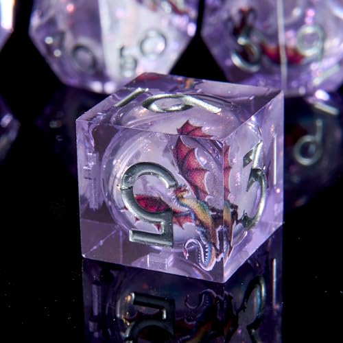 Purple Dragon-Themed Polyhedral Dice Set, 7-Piece Resin Liquid Core D&D Dice with Sharp Edges for Dungeons Dragons, RPGs, MTG, Pathfinder, Board Games - color: Resin Dragon-purple