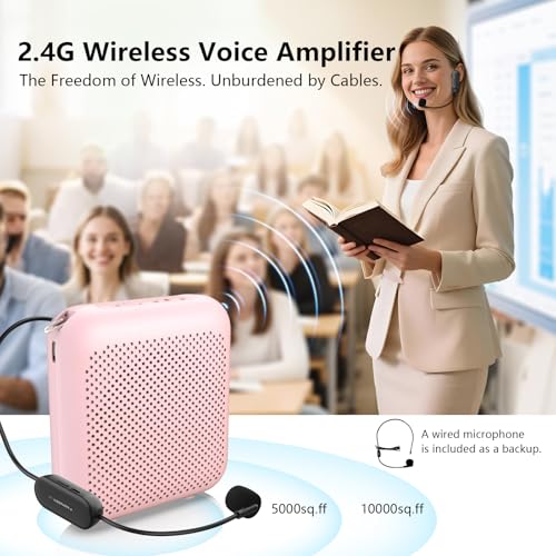 Voice Amplifier with Bluetooth, Portable Speaker with Microphone | Wireless Microphone Headset Speaker for Teacher, Mini Megaphone Sound Amplifier for Classroom, Tour Guides, Speaking - color: Pink - 15W