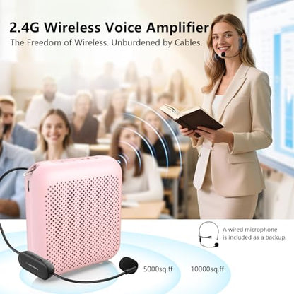 Voice Amplifier with Bluetooth, Portable Speaker with Microphone | Wireless Microphone Headset Speaker for Teacher, Mini Megaphone Sound Amplifier for Classroom, Tour Guides, Speaking - color: Pink - 15W