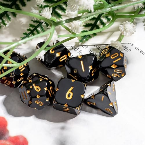 7PCS Resin DND Dice Set Black D&D RPG Dice Set for Tabletop Games | Leather Storage Bag, DM Gift, for Dungeons and Dragons Role Playing Games - color: F-black