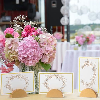 Colingmill 24 Pcs Wooden Table Number Stands with Tented Cards,Gold, White | Wedding Table Name Holder Semicircular Design Place Card Holders for Retail Shop Wedding Party Events - color: Gold, White