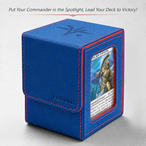 MTG Deck Box with Commander Display Window (Blue&Red, 1 window) | Holds 120 Single/100 Double-Sleeved Cards, Fit MTG/PTCG/OPTCG Cards, Strong Magnet, PU Leather, With 2 Dividers & 1 Toploader - color: Blue and Red