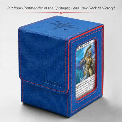 MTG Deck Box with Commander Display Window (Blue&Red, 1 window) | Holds 120 Single/100 Double-Sleeved Cards, Fit MTG/PTCG/OPTCG Cards, Strong Magnet, PU Leather, With 2 Dividers & 1 Toploader - color: Blue and Red