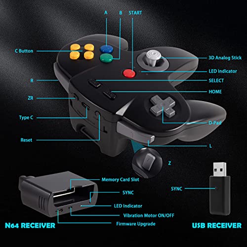2 Pack Wireless N64 Controller Made for Switch 1 & 2, N64 Console, Black | (Built-in Vibration) (Rechargeable) (3D Analog Stick), 2.4 GHz USB & N64 Receiver Made for Switch Online, Windows PC, macOS - color: Black / Black