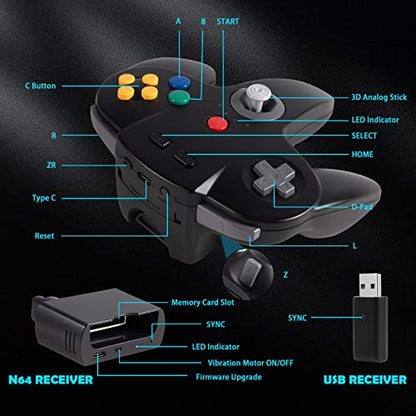 2 Pack Wireless N64 Controller Made for Switch 1 & 2, N64 Console, Black | (Built-in Vibration) (Rechargeable) (3D Analog Stick), 2.4 GHz USB & N64 Receiver Made for Switch Online, Windows PC, macOS - color: Black / Black