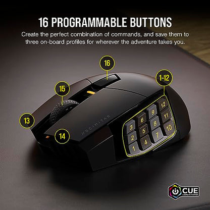 Corsair Scimitar Elite RGB Wireless MMO Gaming Mouse - 26,000 DPI - 16 Programmable Buttons - Up to 150hrs Battery - iCUE Compatible - Black