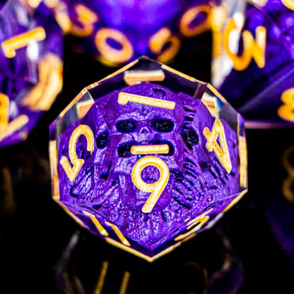 DND Skull Dice Set 7PCS Necromancer Polyhedral Dice for Dungeons Dragons RPG Role Playing Game, Resin Sharp Edged D and D Dice with Gift Box D6 D8 D10 D12 D20 (Purple) - color: Purple&gold