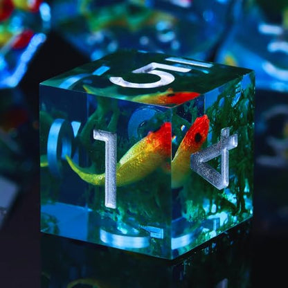 Moss and Koi Fish DND Dice Set - 7Pcs Sharp Edge Resin Polyhedral Game Dice for D&D RPG - Includes D20, D12, D10, D8, D6, D4 - Moss Agate Fish Design(Blue) - color: Blue