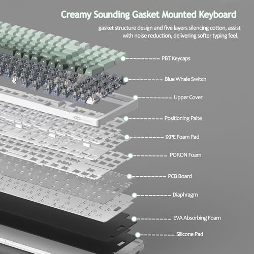 MageGee LIGHT100 Wireless Creamy Keyboard, Gasket Structure Hot Swappable, 2.4G/USB-C/BT5.0 RGB Backlit Mechanical Gaming Keyboard for Win/Mac/PC, 8000mAh Battery, Side Printed PBT Keycap, Green - color: Green/Blue Whale Switch