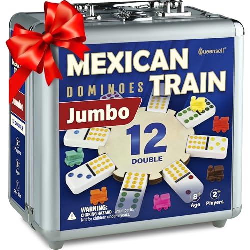 Queensell Mexican Train Dominoes Set with Jumbo Tiles – Double 12 Dominoes Set for Adults, 91 Tiles with Colorful Dots, Wooden Hub, Train & Aluminum Case - style: D12 Jumbo