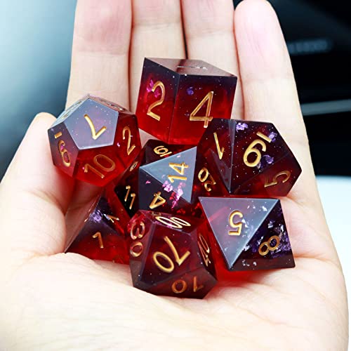 Haxtec Sharp Edge DND Dice Set, Silver Flakes Resin Polyhedral RPG Dice | Wine Red D&D for Table Games, Compatible with Dungeons and Dragons, Handmade 7-Die with Metal Case, MTG Gifts, War Series - color: Purple Red Black